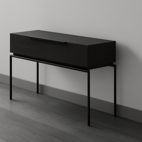 Buffet noir minimaliste sur pieds en métal, avec un tiroir.