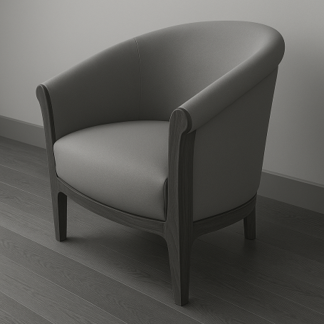 Fauteuil moderne en cuir gris sur un sol en bois, avec un design arrondi.